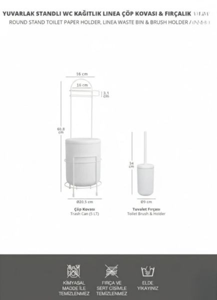 Okyanus Home Beyaz Stantlı Wc Kağıtlık LineaYuvarlak Çöp Kovası ve WC Fırça Seti