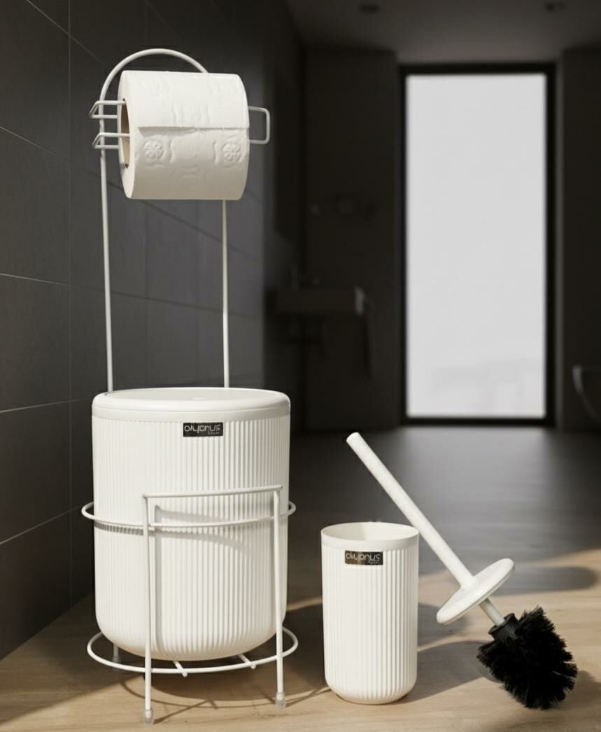 Okyanus Home Beyaz Stantlı Wc Kağıtlık LineaYuvarlak Çöp Kovası ve WC Fırça Seti
