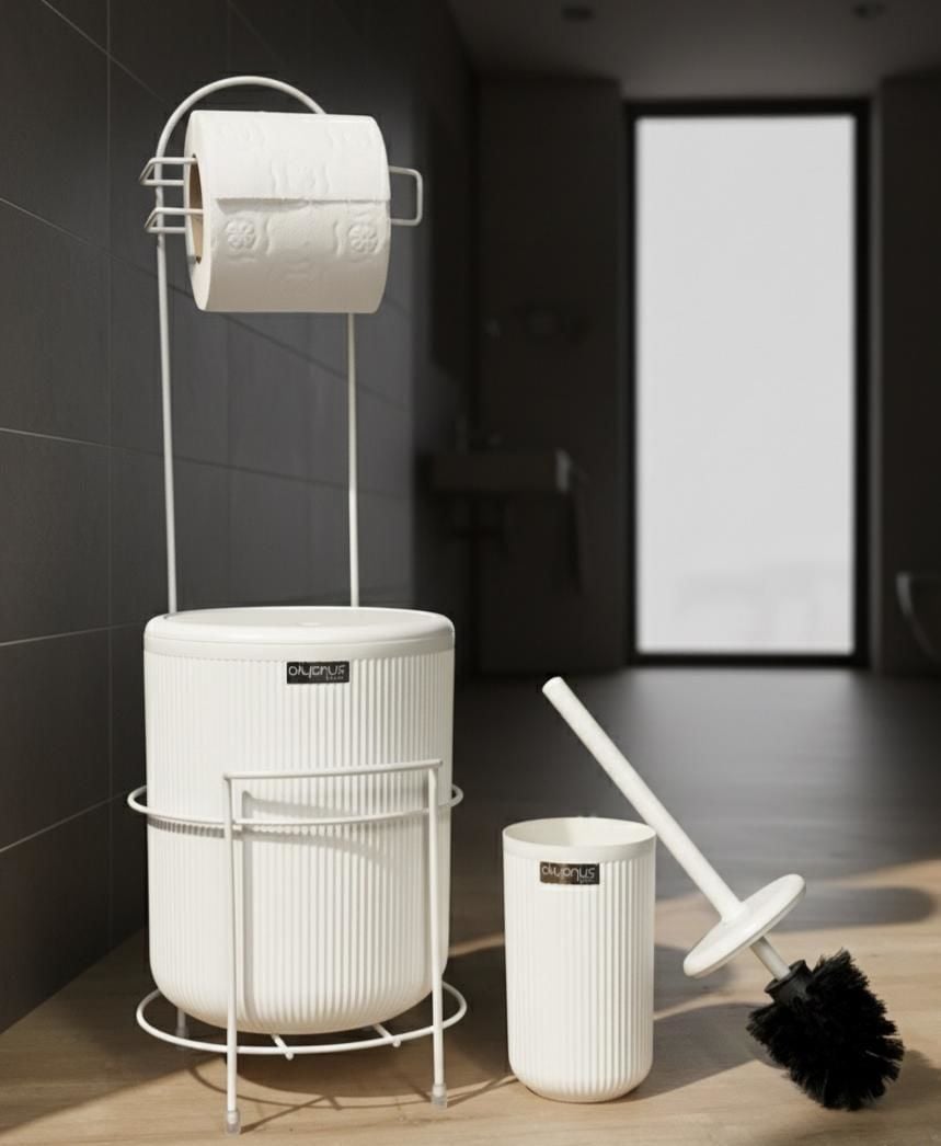 Okyanus Home Beyaz Stantlı Wc Kağıtlık LineaYuvarlak Çöp Kovası ve WC Fırça Seti