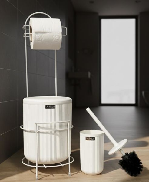 Okyanus Home Beyaz Stantlı Wc Kağıtlık LineaYuvarlak Çöp Kovası ve WC Fırça Seti