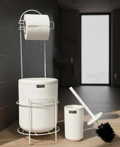 Okyanus Home Beyaz Stantlı Wc Kağıtlık LineaYuvarlak Çöp Kovası ve WC Fırça Seti