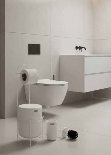 Okyanus Home Beyaz Stantlı Wc Kağıtlık LineaYuvarlak Çöp Kovası ve WC Fırça Seti