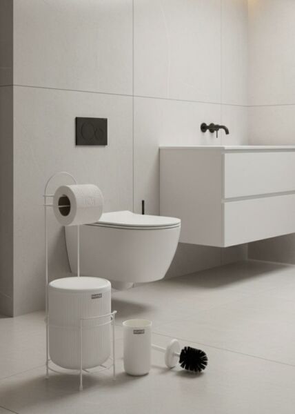 Okyanus Home Beyaz Stantlı Wc Kağıtlık LineaYuvarlak Çöp Kovası ve WC Fırça Seti