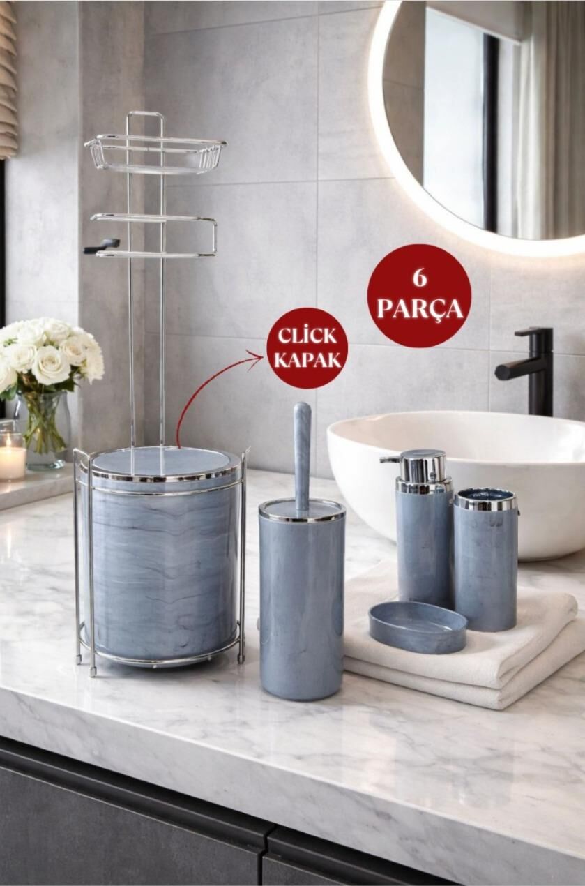 Okyanus Home  Yuvarlak Kromlu Mermer Desen Yedekli Wc Kağıtlık ve 6 Parça Banyo Seti