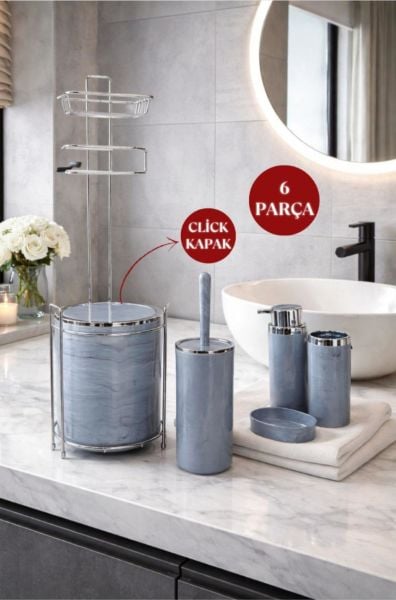 Okyanus Home  Yuvarlak Kromlu Mermer Desen Yedekli Wc Kağıtlık ve 6 Parça Banyo Seti