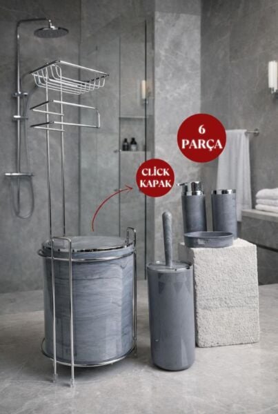 Okyanus Home  Yuvarlak Kromlu Mermer Desen Yedekli Wc Kağıtlık ve 6 Parça Banyo Seti