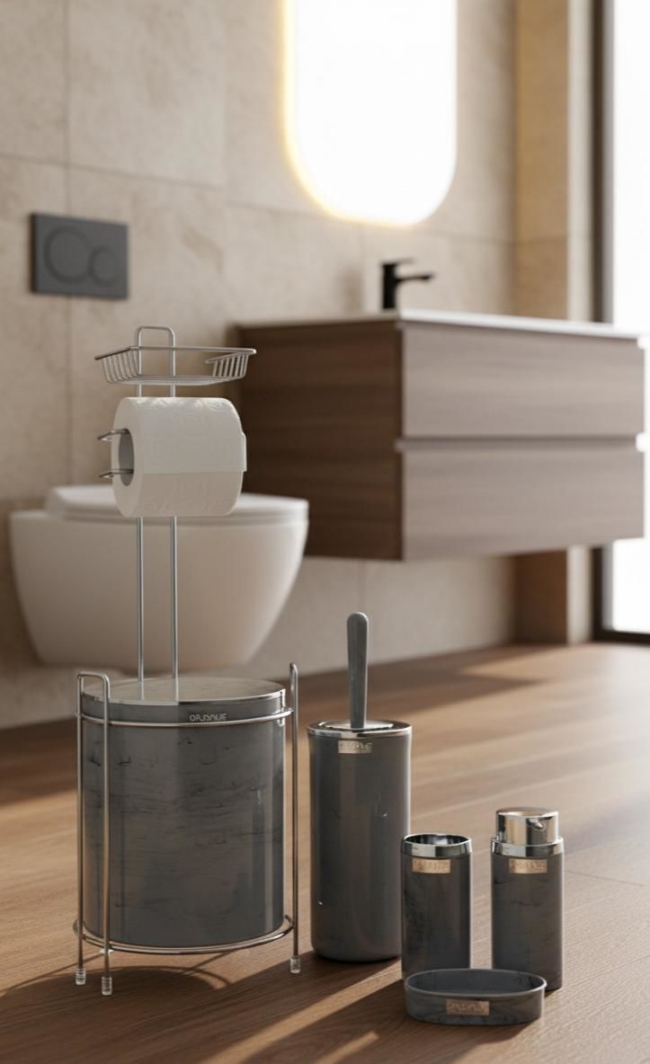 Okyanus Home  Yuvarlak Kromlu Mermer Desen Yedekli Wc Kağıtlık ve 6 Parça Banyo Seti