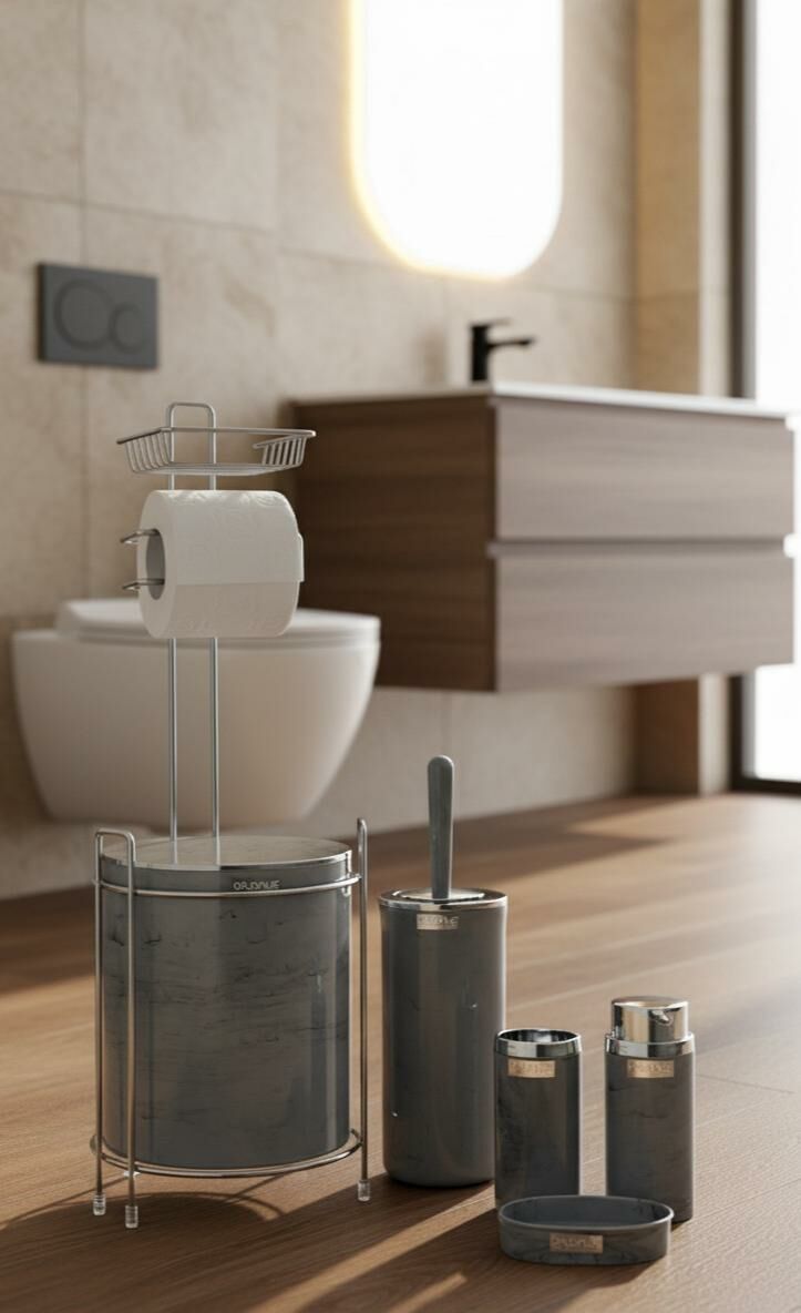 Okyanus Home  Yuvarlak Kromlu Mermer Desen Yedekli Wc Kağıtlık ve 6 Parça Banyo Seti