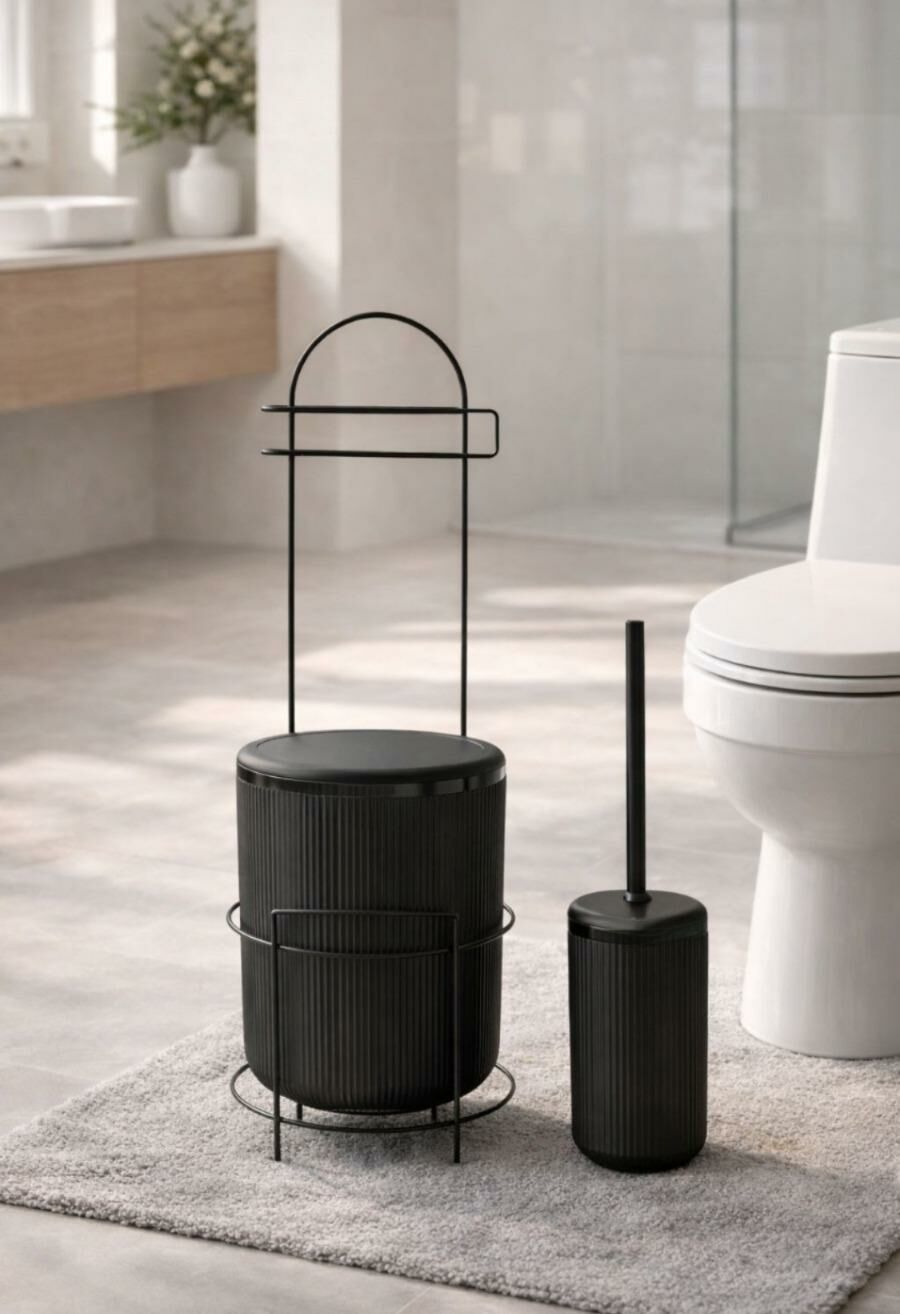 Okyanus Home Siyah Stantlı Wc Kağıtlık LineaYuvarlak Çöp Kovası ve WC Fırça Seti