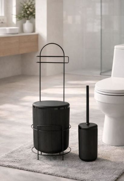 Okyanus Home Siyah Stantlı Wc Kağıtlık LineaYuvarlak Çöp Kovası ve WC Fırça Seti
