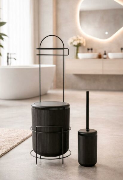 Okyanus Home Siyah Stantlı Wc Kağıtlık LineaYuvarlak Çöp Kovası ve WC Fırça Seti