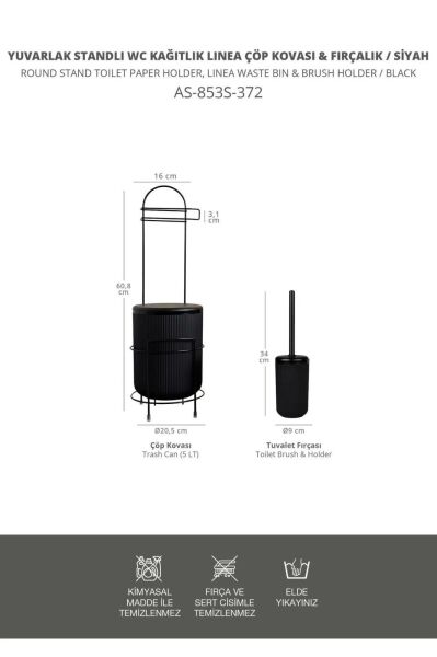 Okyanus Home Siyah Stantlı Wc Kağıtlık LineaYuvarlak Çöp Kovası ve WC Fırça Seti