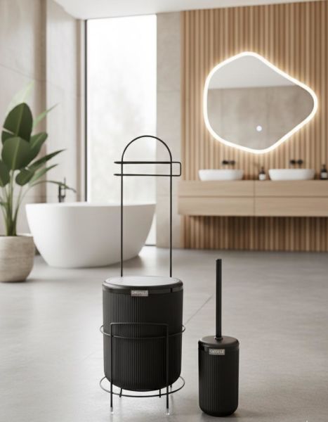 Okyanus Home Siyah Stantlı Wc Kağıtlık LineaYuvarlak Çöp Kovası ve WC Fırça Seti