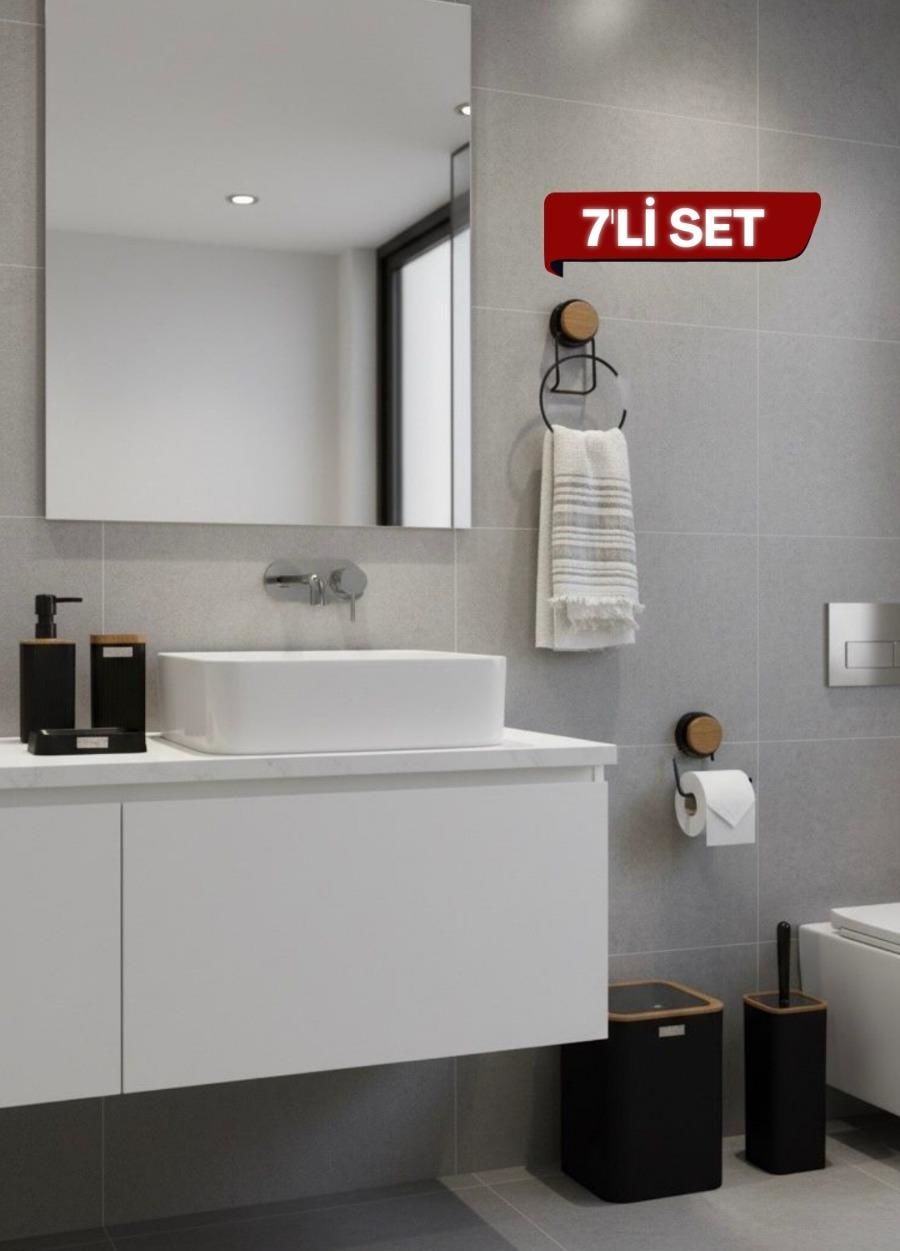 Okyanus Home 7 Parça Set Kare Mina Banyo Seti , Havluluk ve Wc kağıtlık Siyah-Ahşap