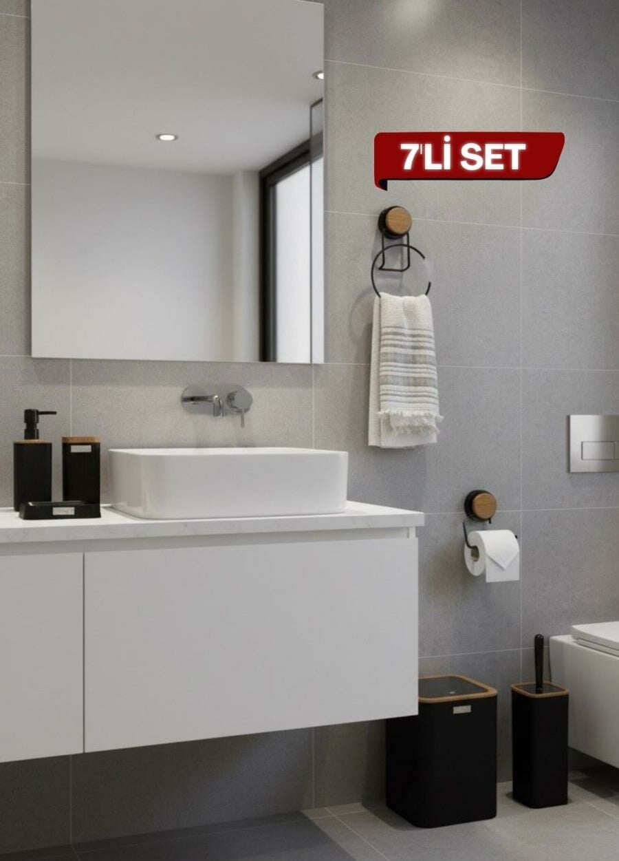 Okyanus Home 7 Parça Set Kare Mina Banyo Seti , Havluluk ve Wc kağıtlık Siyah-Ahşap
