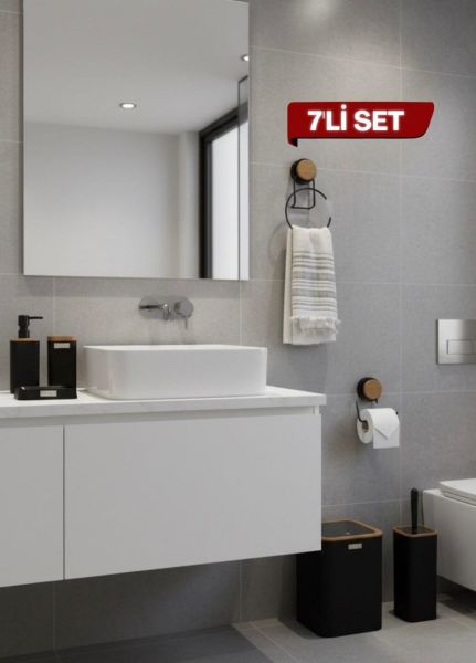 Okyanus Home 7 Parça Set Kare Mina Banyo Seti , Havluluk ve Wc kağıtlık Siyah-Ahşap