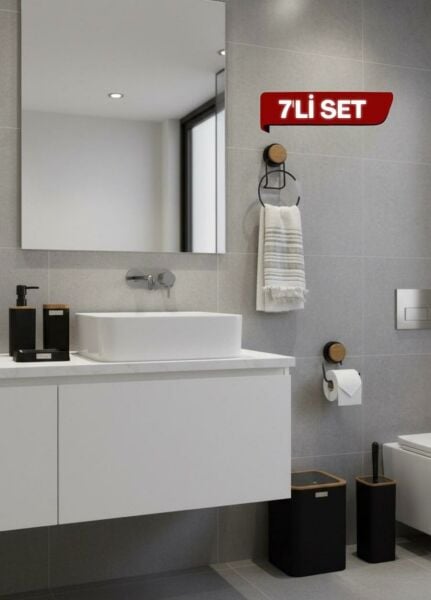 Okyanus Home 7 Parça Set Kare Mina Banyo Seti , Havluluk ve Wc kağıtlık Siyah-Ahşap