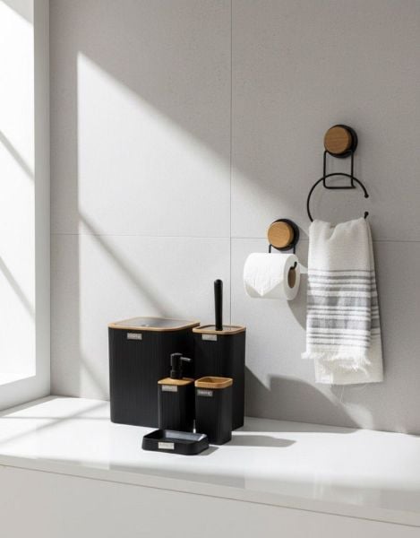 Okyanus Home 7 Parça Set Kare Mina Banyo Seti , Havluluk ve Wc kağıtlık Siyah-Ahşap