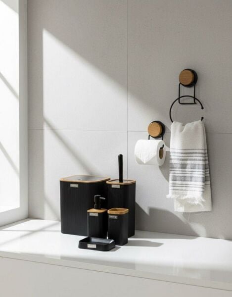 Okyanus Home 7 Parça Set Kare Mina Banyo Seti , Havluluk ve Wc kağıtlık Siyah-Ahşap