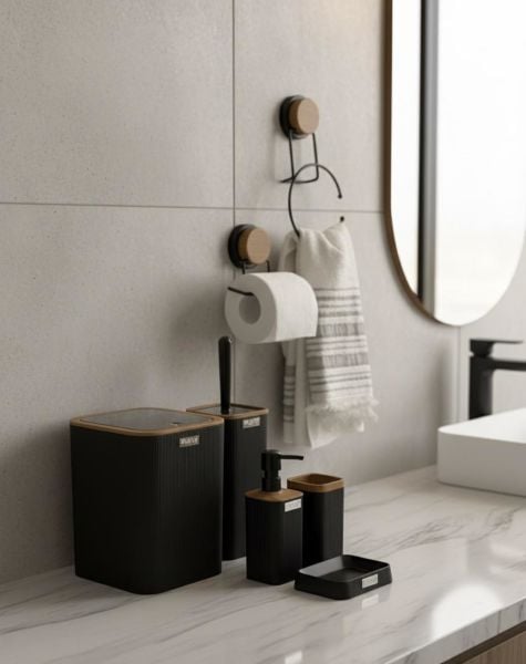 Okyanus Home 7 Parça Set Kare Mina Banyo Seti , Havluluk ve Wc kağıtlık Siyah-Ahşap