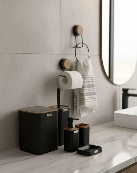 Okyanus Home 7 Parça Set Kare Mina Banyo Seti , Havluluk ve Wc kağıtlık Siyah-Ahşap