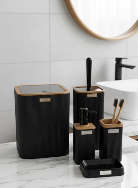 Okyanus Home 7 Parça Set Kare Mina Banyo Seti , Havluluk ve Wc kağıtlık Siyah-Ahşap