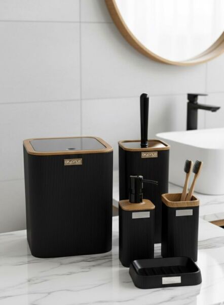 Okyanus Home 7 Parça Set Kare Mina Banyo Seti , Havluluk ve Wc kağıtlık Siyah-Ahşap