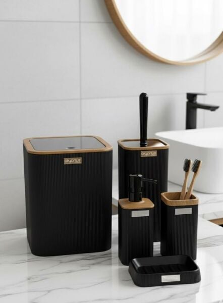 Okyanus Home 7 Parça Set Kare Mina Banyo Seti , Havluluk ve Wc kağıtlık Siyah-Ahşap
