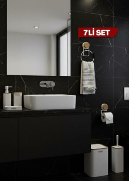 Okyanus Home 7 Parça Set Kare Mina Banyo Seti , Havluluk ve Wc kağıtlık Beyaz-Ahşap