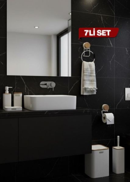 Okyanus Home 7 Parça Set Kare Mina Banyo Seti , Havluluk ve Wc kağıtlık Beyaz-Ahşap