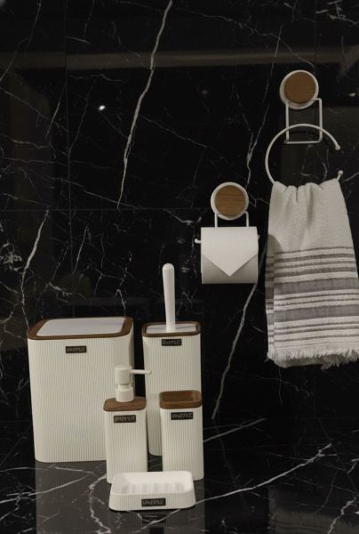 Okyanus Home 7 Parça Set Kare Mina Banyo Seti , Havluluk ve Wc kağıtlık Beyaz-Ahşap