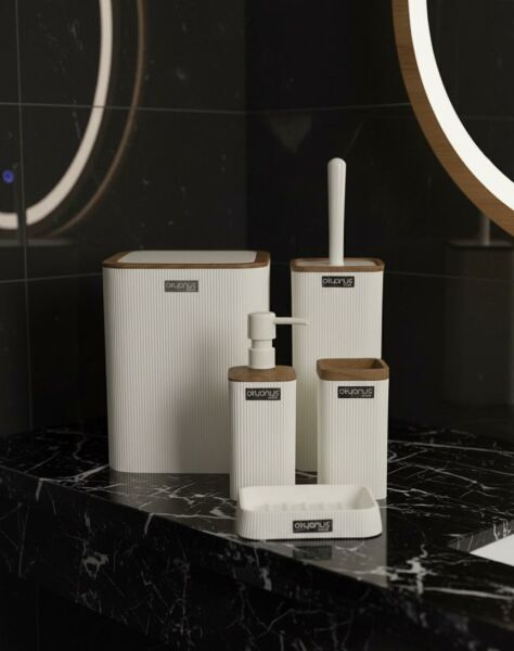 Okyanus Home 7 Parça Set Kare Mina Banyo Seti , Havluluk ve Wc kağıtlık Beyaz-Ahşap