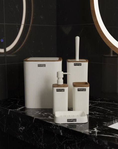 Okyanus Home 7 Parça Set Kare Mina Banyo Seti , Havluluk ve Wc kağıtlık Beyaz-Ahşap