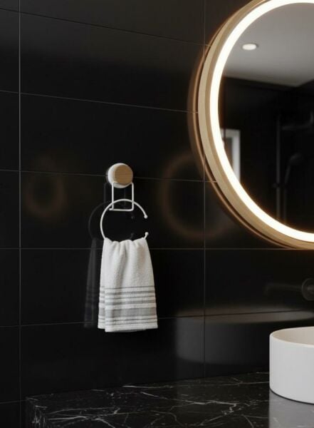 Okyanus Home 7 Parça Set Kare Mina Banyo Seti , Havluluk ve Wc kağıtlık Beyaz-Ahşap