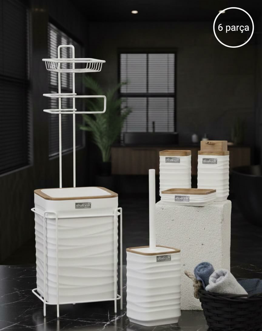 Okyanus Home Beyaz Ahşap Dalgalı Desenli Yedekli Wc Kağıtlık ve 6 Parça Banyo Seti