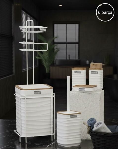 Okyanus Home Beyaz Ahşap Dalgalı Desenli Yedekli Wc Kağıtlık ve 6 Parça Banyo Seti