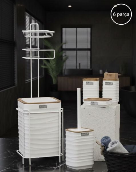 Okyanus Home Beyaz Ahşap Dalgalı Desenli Yedekli Wc Kağıtlık ve 6 Parça Banyo Seti