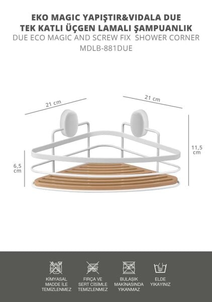 Okyanus Home Eko Magic Yapıştır&Vidala Due Tek Katlı Üçgen Lamalı Şampuanlık 21 cm / Beyaz