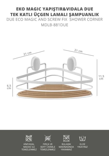 Okyanus Home Eko Magic Yapıştır&Vidala Due Tek Katlı Üçgen Lamalı Şampuanlık 21 cm / Beyaz