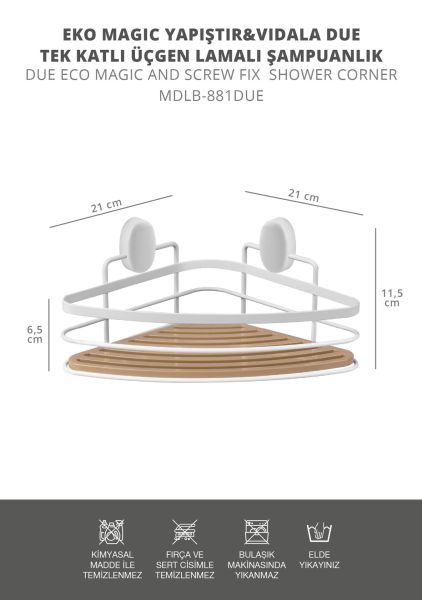 Okyanus Home Eko Magic Yapıştır&Vidala Due Tek Katlı Üçgen Lamalı Şampuanlık 21 cm / Beyaz