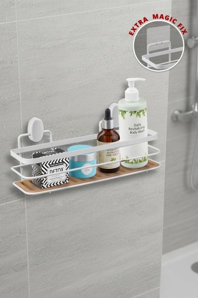 Okyanus Home Eko Magic Yapıştır&Vidala Due Tek Katlı Dikdörtgen Lamalı Şampuanlık 9,5 X 28,5 cm / Beyaz