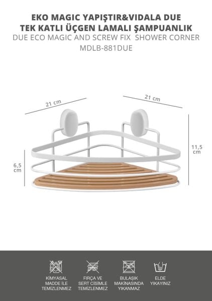 Okyanus Home Eko Magic Yapıştır&Vidala Due 2 Adet Tek Katlı Üçgen Lamalı Şampuanlık 21 cm / Beyaz