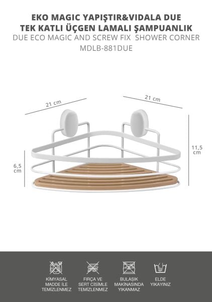 Okyanus Home Eko Magic Yapıştır&Vidala Due 2 Adet Tek Katlı Üçgen Lamalı Şampuanlık 21 cm / Beyaz