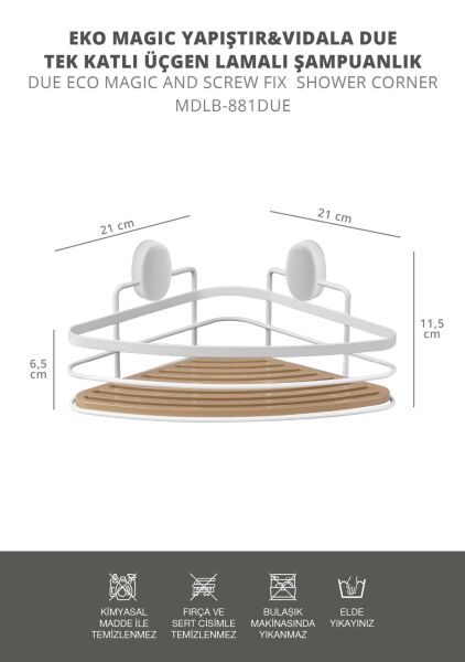 Okyanus Home Eko Magic Yapıştır&Vidala Due 2 Adet Tek Katlı Üçgen Lamalı Şampuanlık 21 cm / Beyaz
