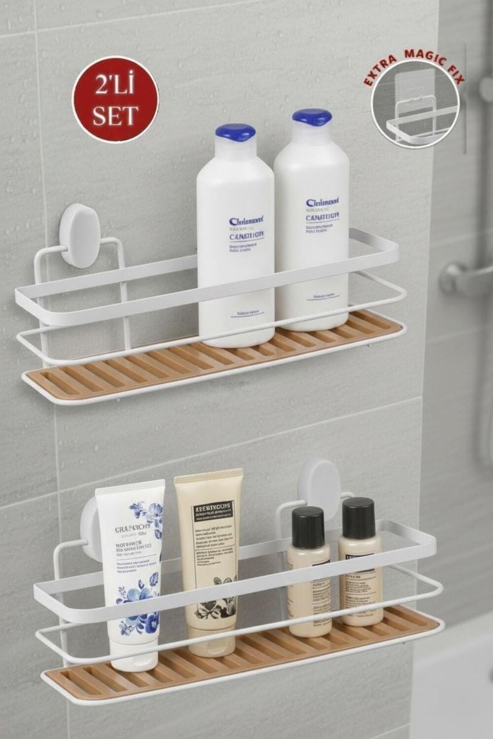 Okyanus Home Eko Magic Yapıştır&Vidala Due 2 ADET Tek Katlı Dikdörtgen Lamalı Şampuanlık 9,5 X 28,5 cm / Beyaz