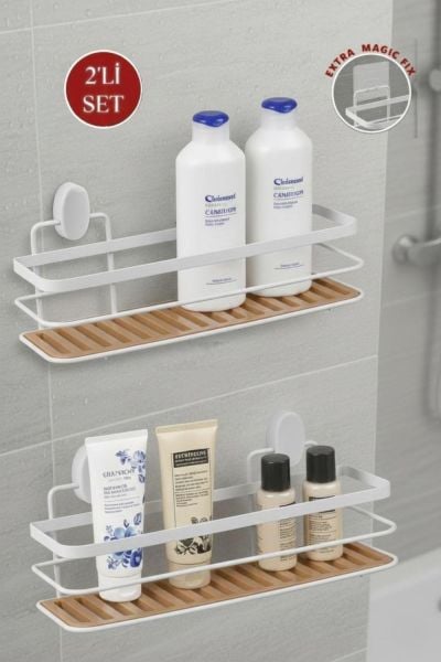 Okyanus Home Eko Magic Yapıştır&Vidala Due 2 ADET Tek Katlı Dikdörtgen Lamalı Şampuanlık 9,5 X 28,5 cm / Beyaz