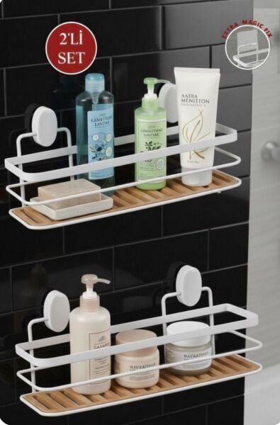 Okyanus Home Eko Magic Yapıştır&Vidala Due 2 ADET Tek Katlı Dikdörtgen Lamalı Şampuanlık 9,5 X 28,5 cm / Beyaz