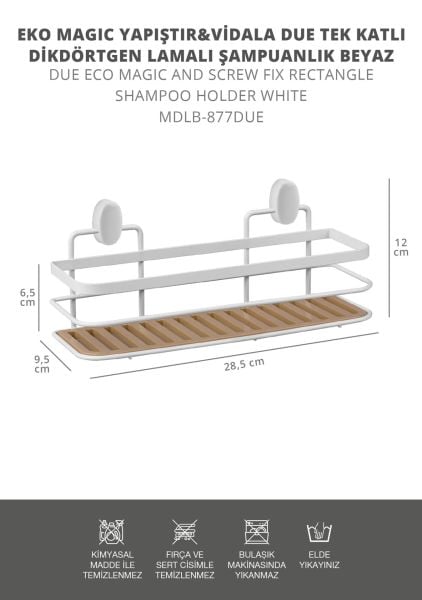 Okyanus Home Eko Magic Yapıştır&Vidala Due 2 ADET Tek Katlı Dikdörtgen Lamalı Şampuanlık 9,5 X 28,5 cm / Beyaz