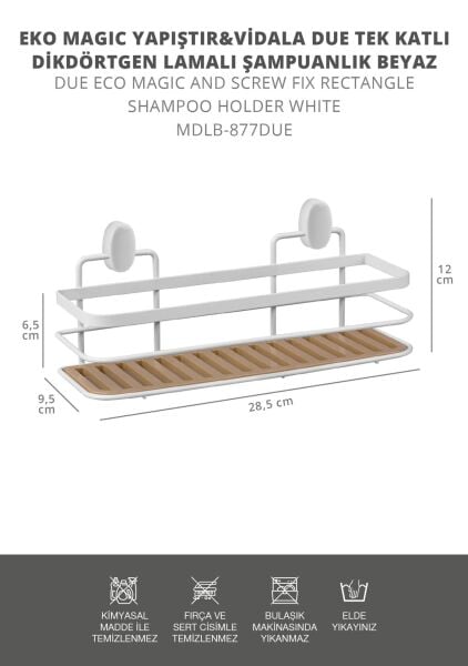 Okyanus Home Eko Magic Yapıştır&Vidala Due 2 ADET Tek Katlı Dikdörtgen Lamalı Şampuanlık 9,5 X 28,5 cm / Beyaz