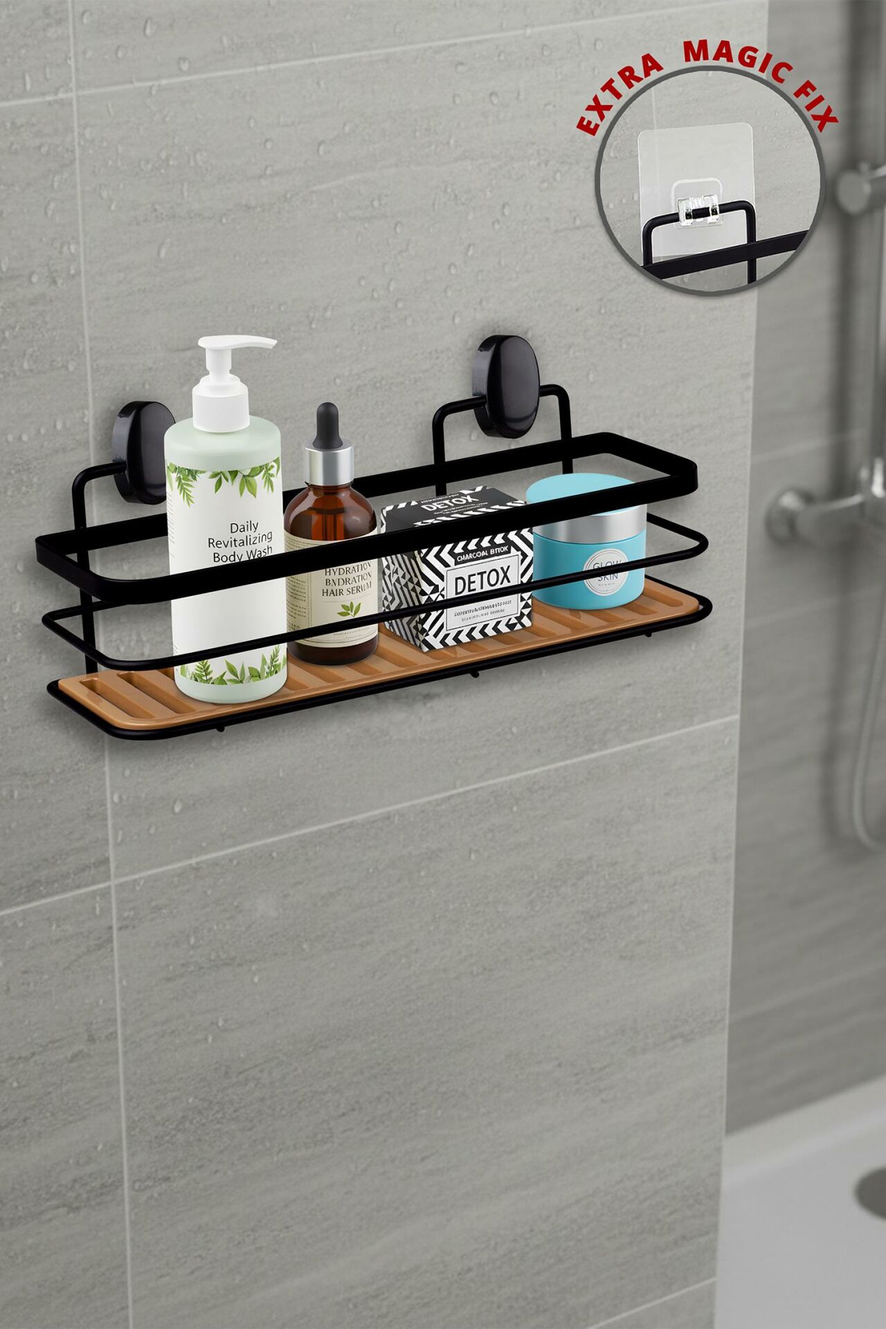 Okyanus Home Eko Magic Yapıştır&Vidala Due Tek Katlı Dikdörtgen Lamalı Şampuanlık 9,5 X 28,5 cm / Siyah